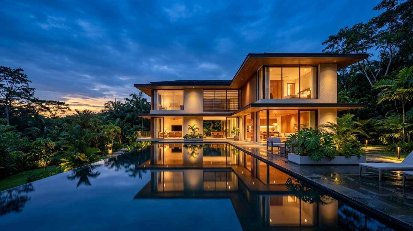 Lit modern house at dusk
