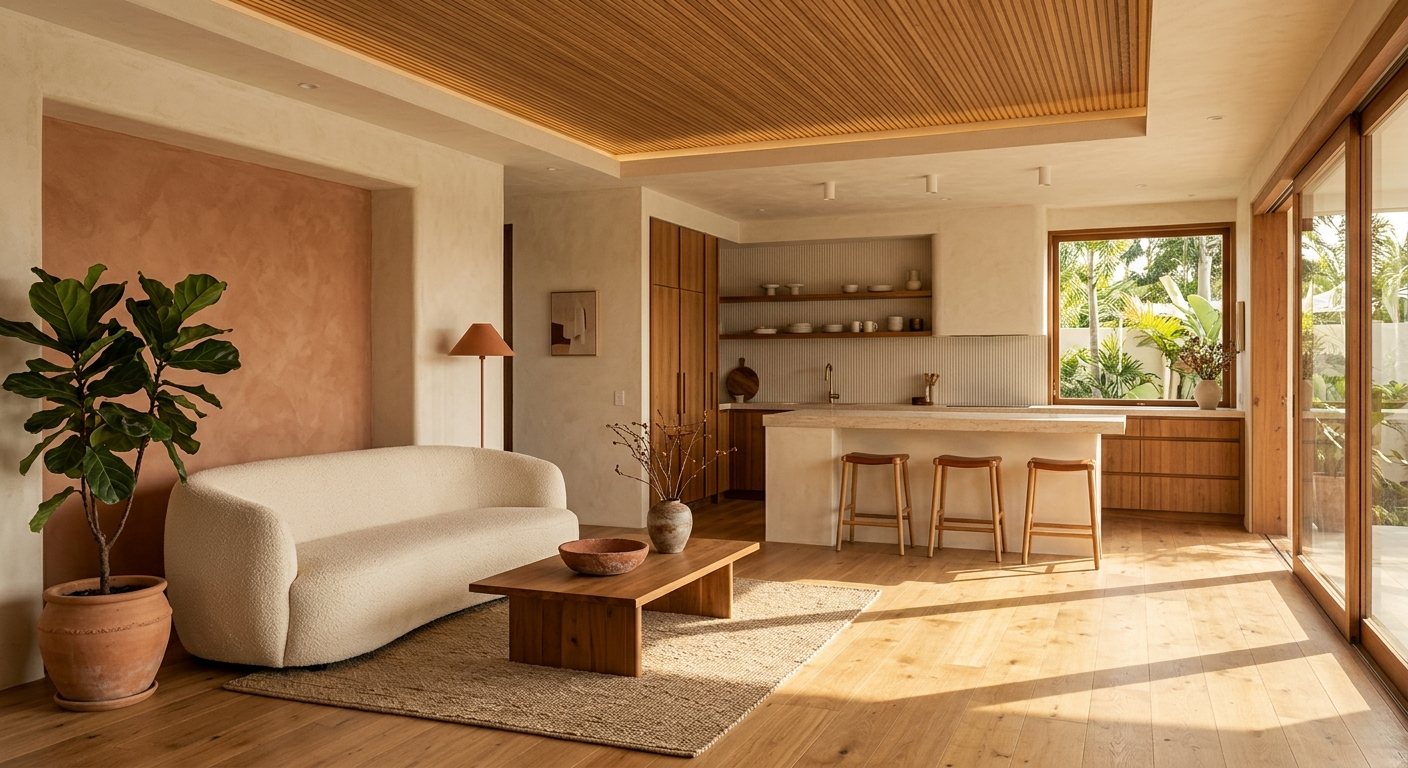 Warm modern minimalist living room and kitchen