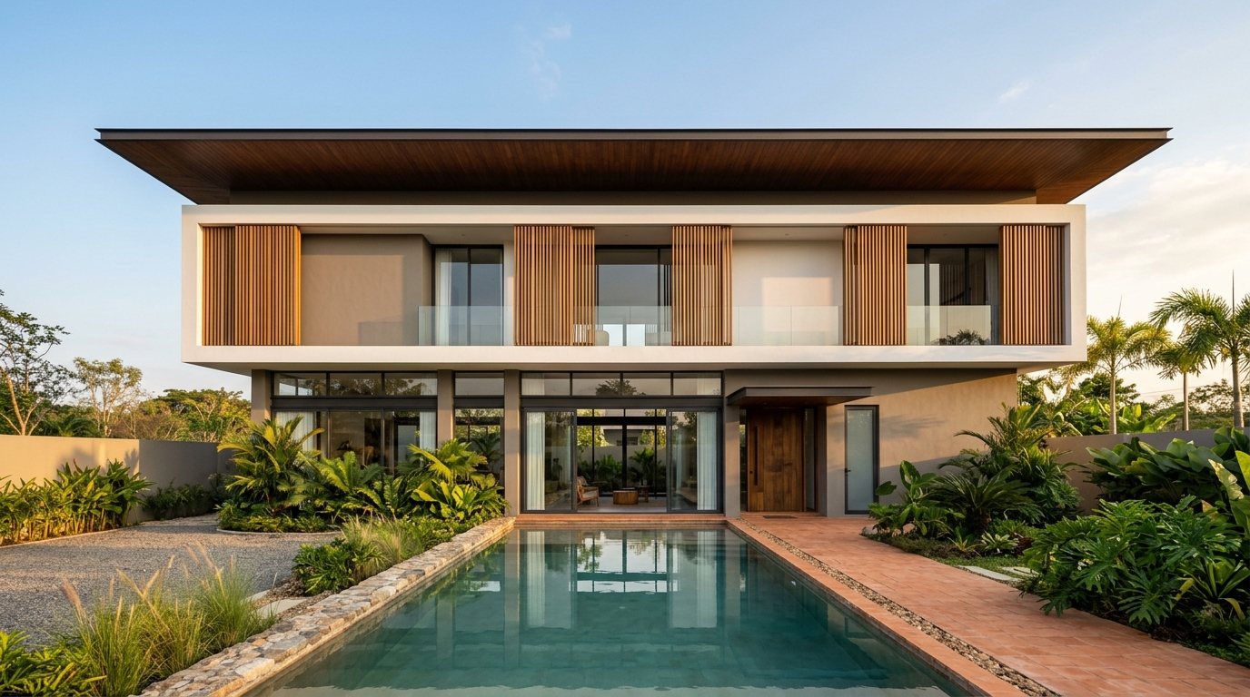 Completed modern minimalist house at dusk