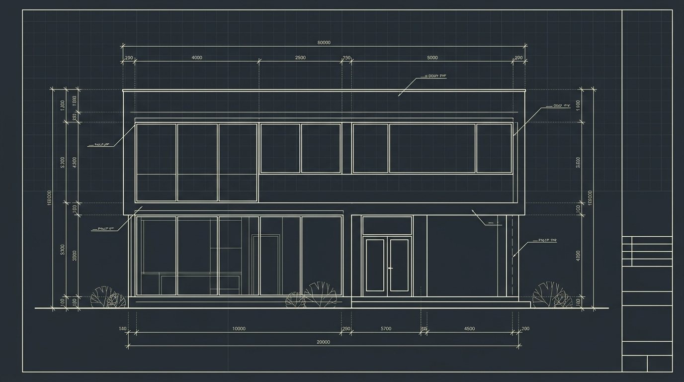 Architectural wireframe drawing of the house elevation